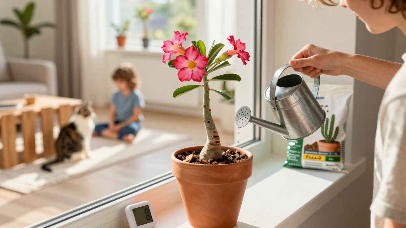 Person watering a pink-flowered desert rose in a terracotta pot on a sunny windowsill.