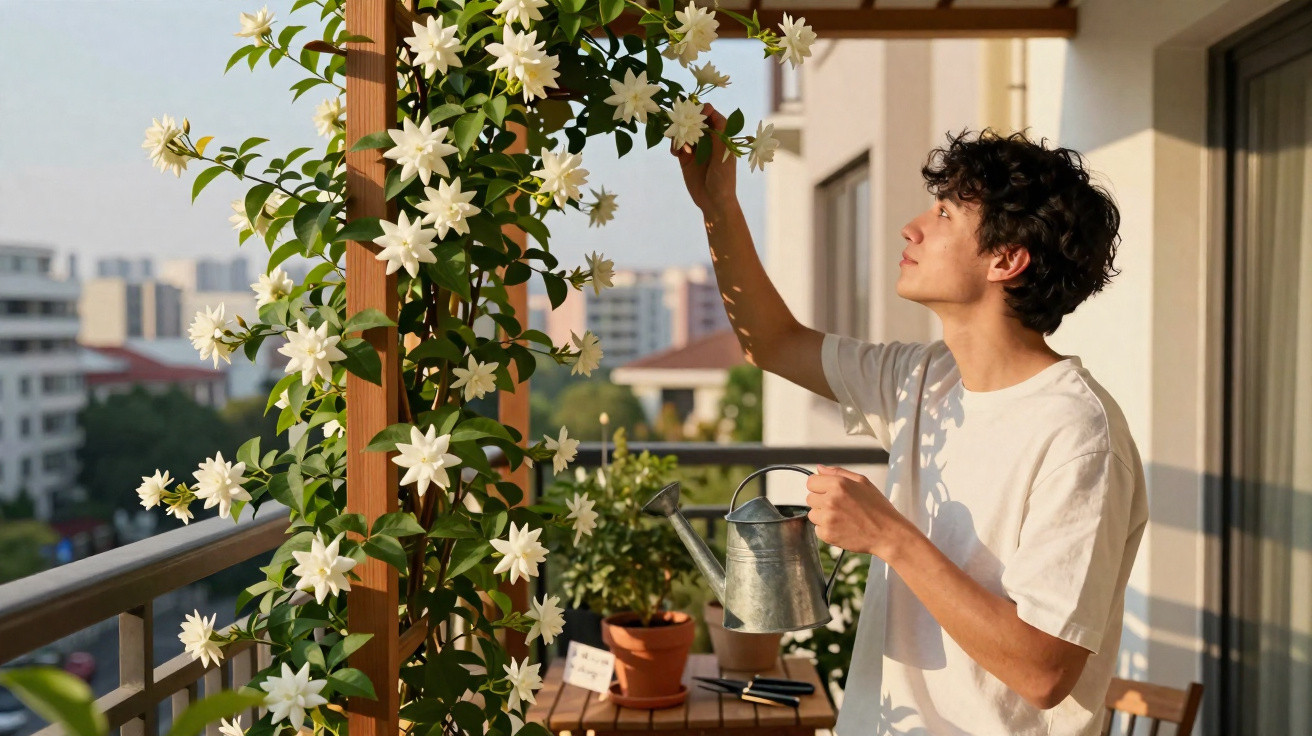 Young man watering and inspecting white flowers on a balcony garden during sunset.