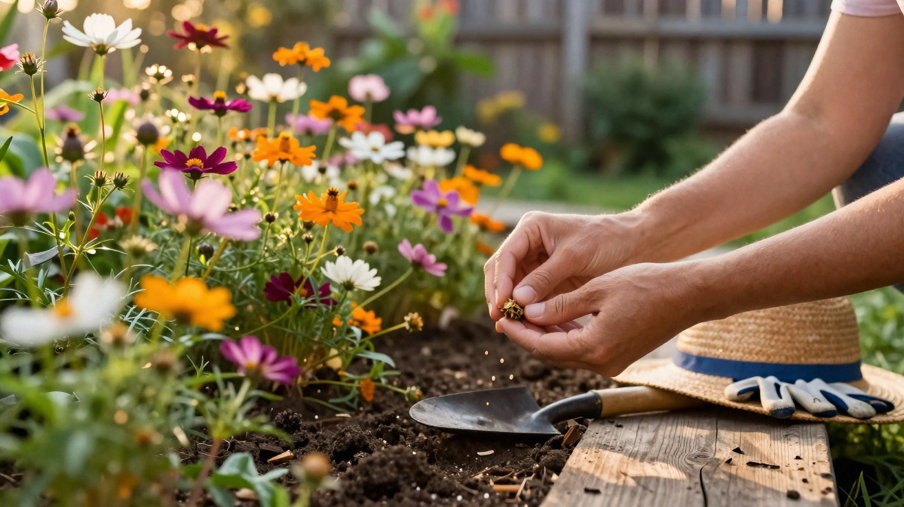 Hands planting seeds in garden soil next to colourful blooming flowers with a gardening hat and gloves nearby.