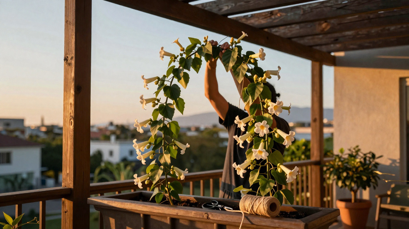 Person arranging a flowering plant arch on a balcony during golden hour with garden and houses in the background.