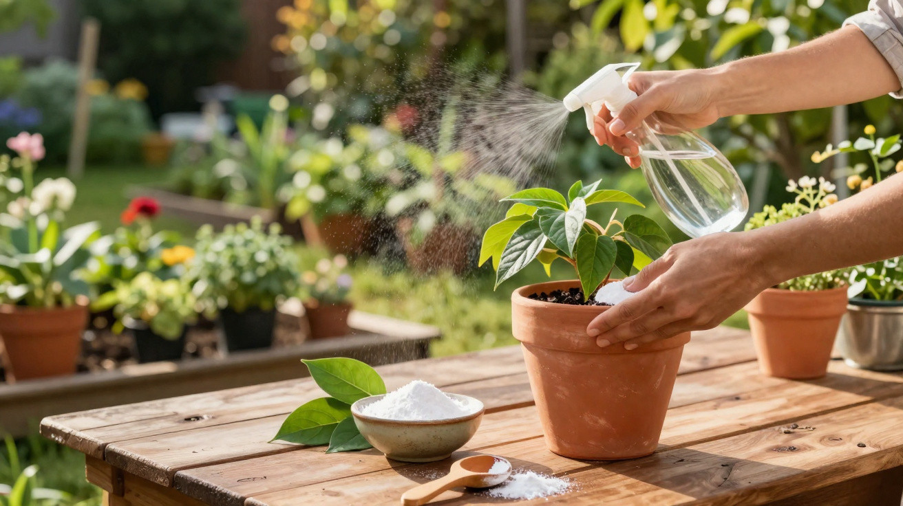 Hands spraying water on a potted plant on a wooden table with bowls of white powder in a garden.