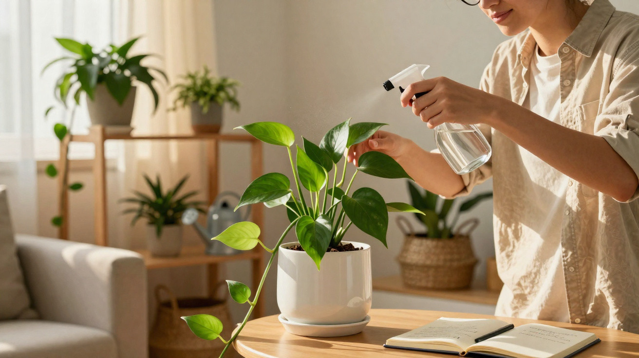 Person spraying water on a potted plant on a wooden table in a sunlit living room.