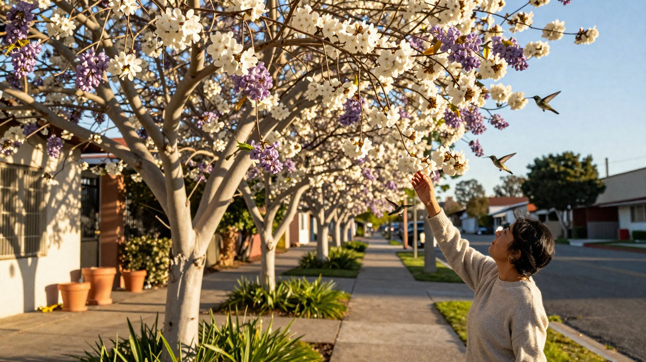 Person reaching towards white and purple flowering tree branches on a sunny suburban street with birds nearby.