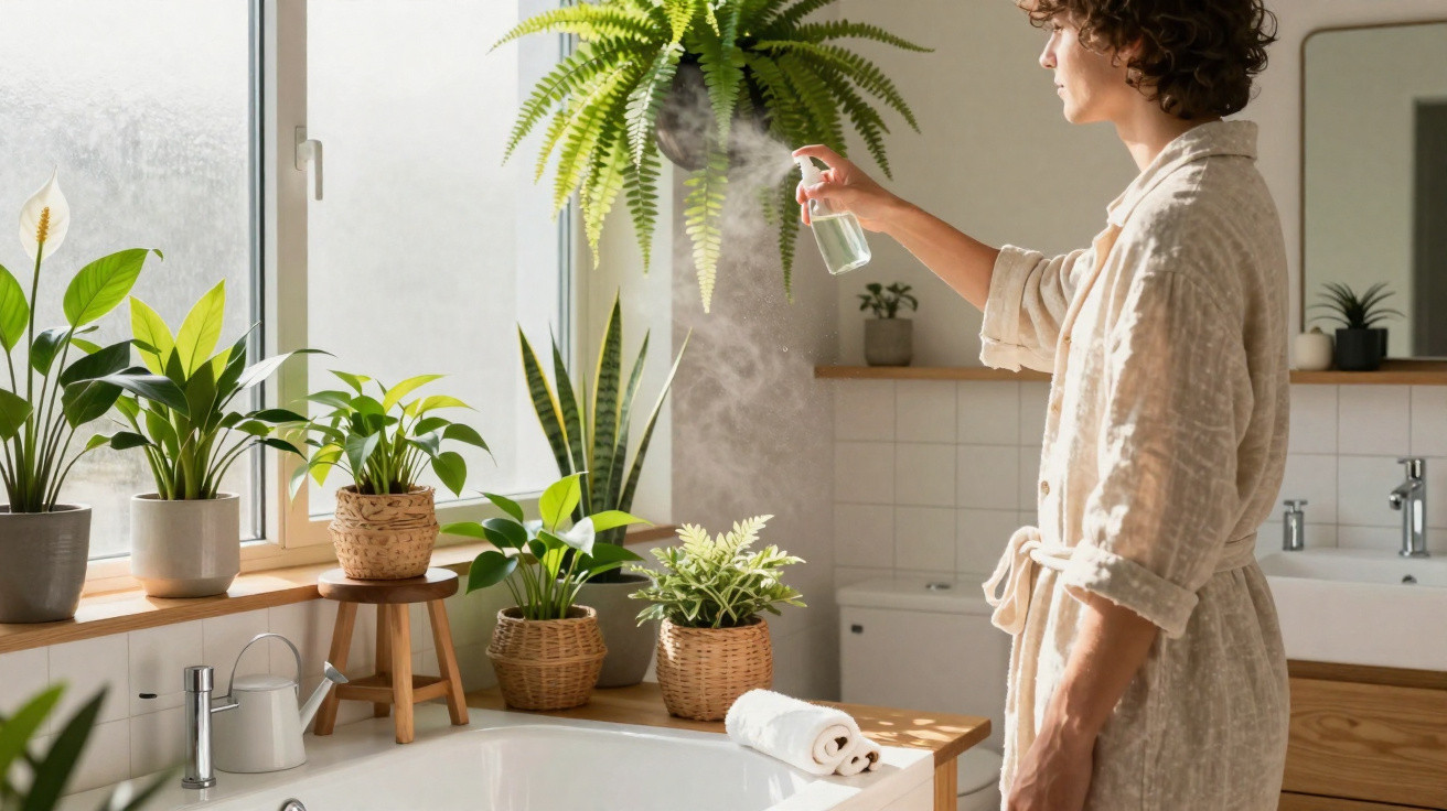 Person in a bathrobe spraying water mist onto various potted plants by a bathroom window.