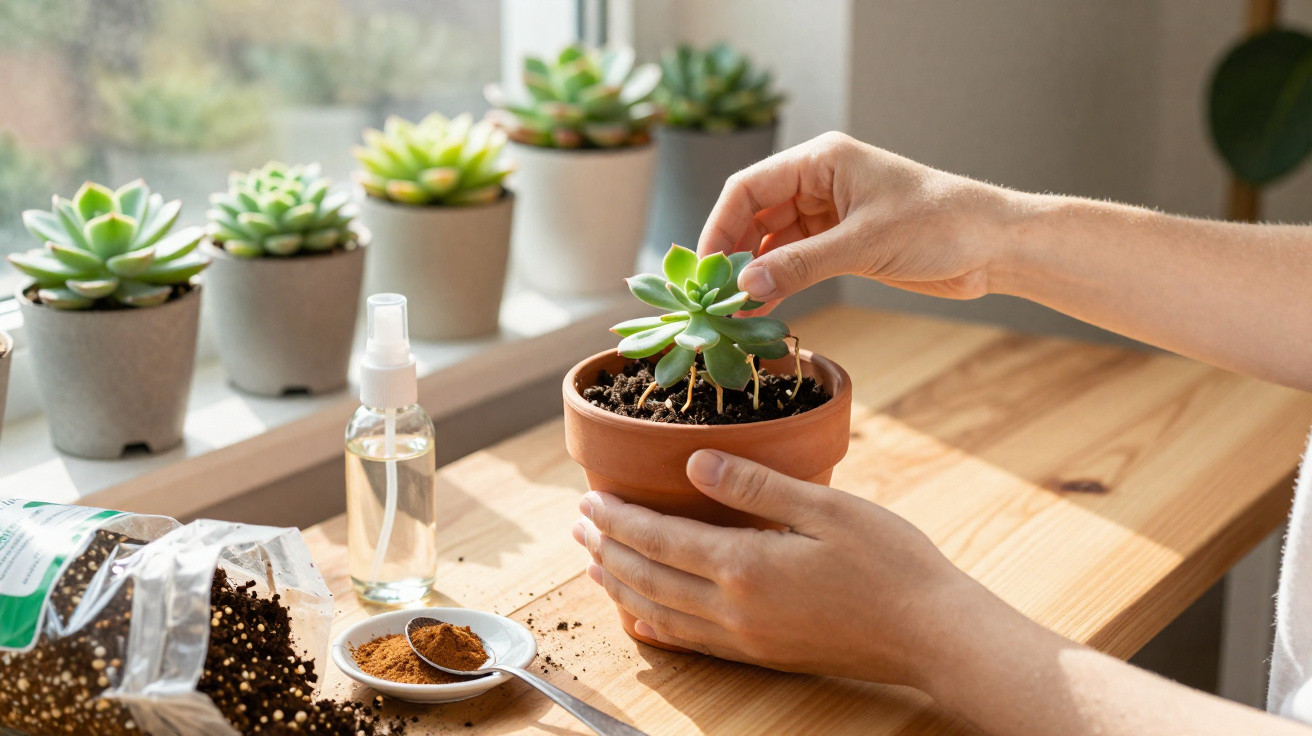 Hands repotting a small succulent plant in a terracotta pot on a wooden windowsill with gardening supplies nearby.