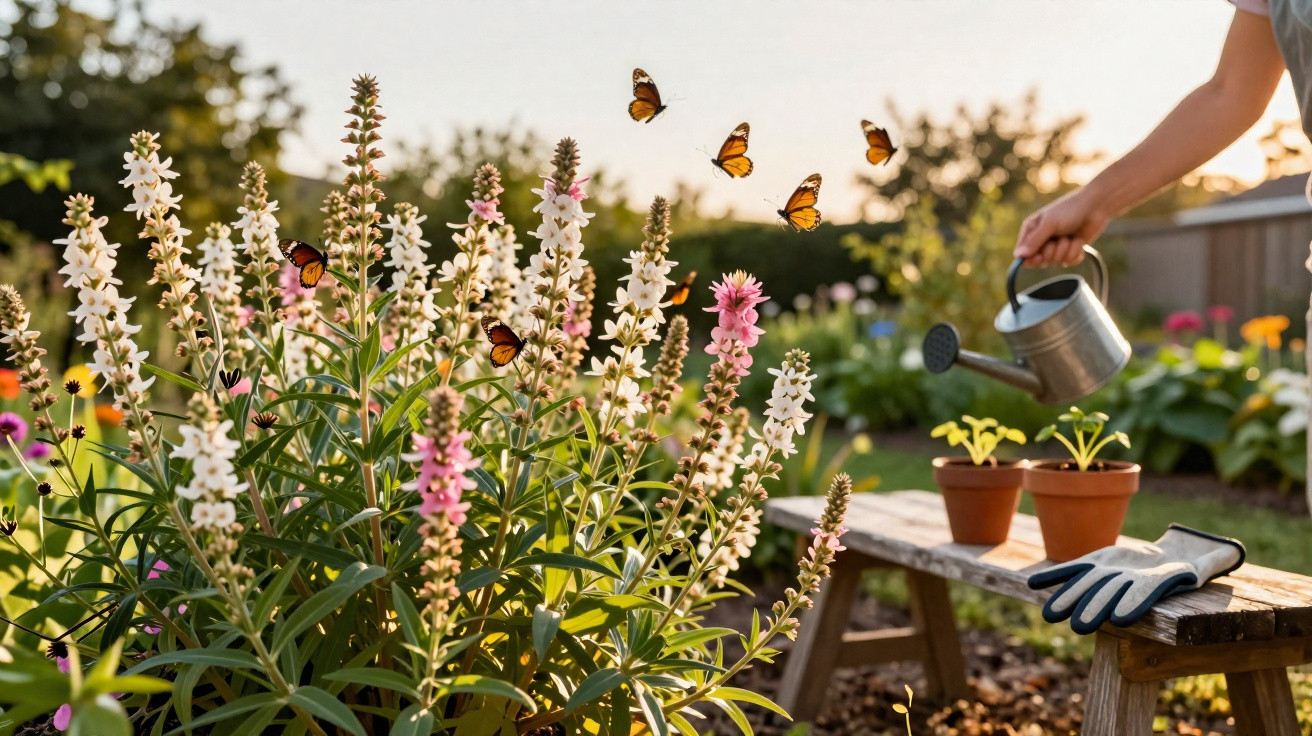 Monarch butterflies fluttering around white and pink flowers while a person waters plants in a sunny garden.