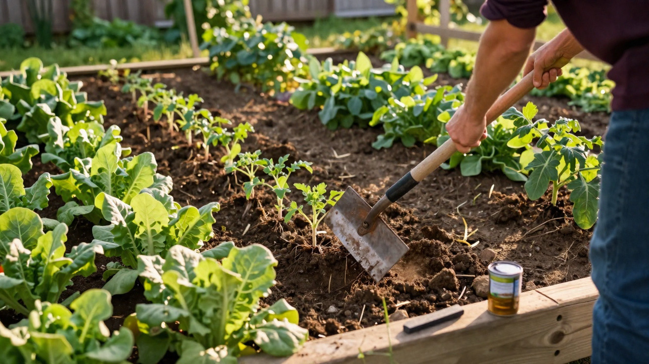 Person using a hoe to cultivate soil in a sunlit raised garden bed with leafy green plants.