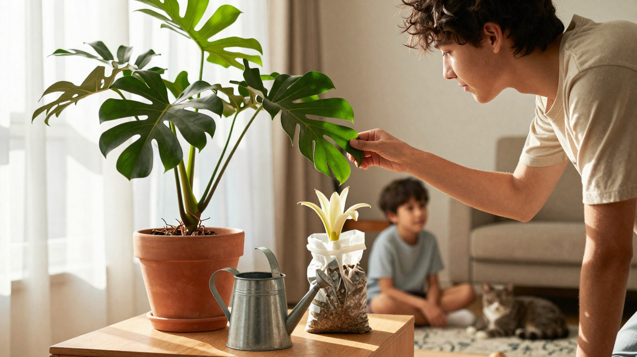 Person tending to a large potted plant with a child and cat sitting on the floor in the background.