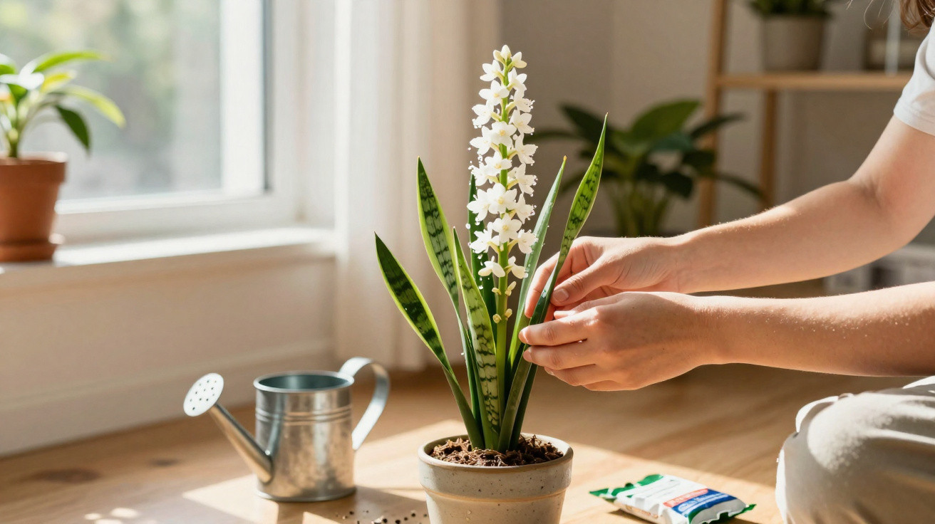 Person tending to a potted white orchid on a sunlit windowsill with a watering can nearby.