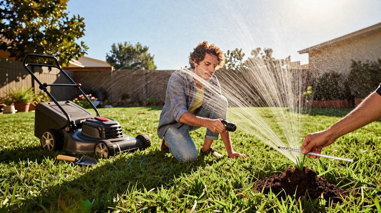 Person watering a small plant in a sunny backyard with a lawn mower and gardening tools nearby.