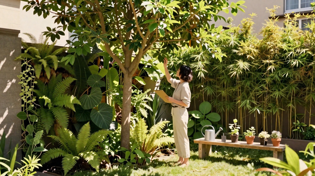 Person inspecting a tree and taking notes in a lush garden with various plants and a wooden bench.