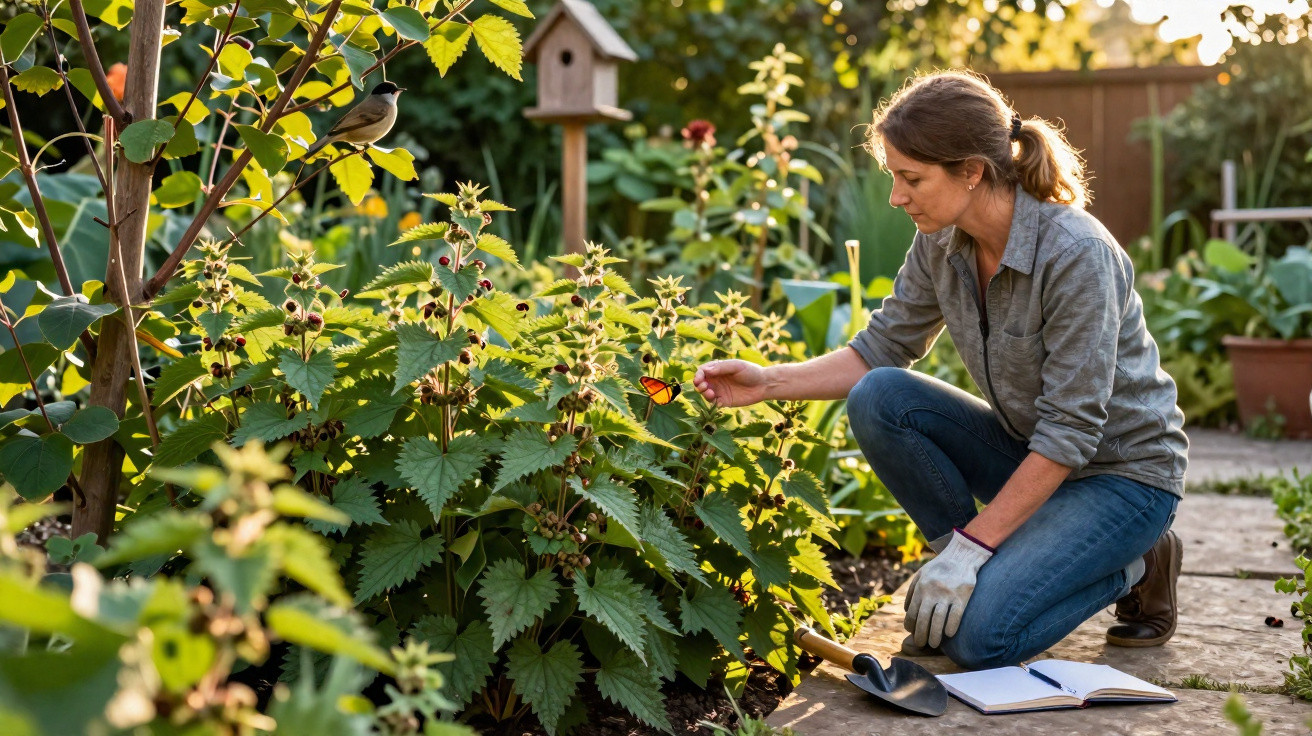 Woman in gloves kneeling in garden, gently holding a butterfly near nettle plants with birdhouse in background.