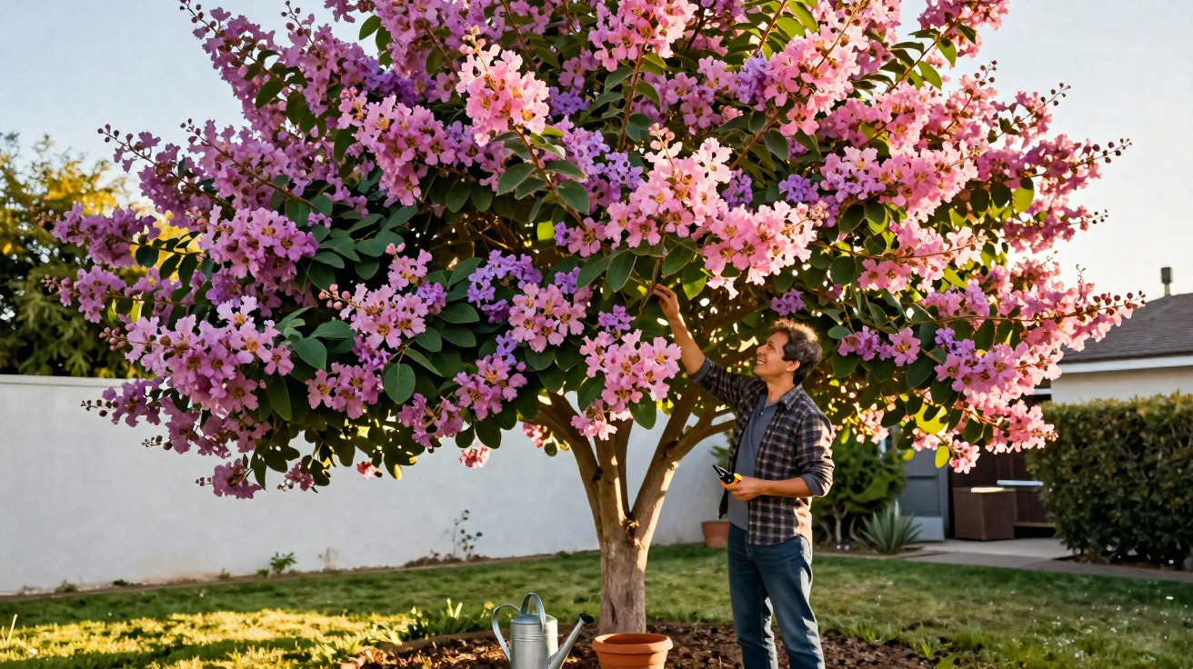 Man standing under a large tree with pink blossoms in a garden, holding pruning shears and smiling.