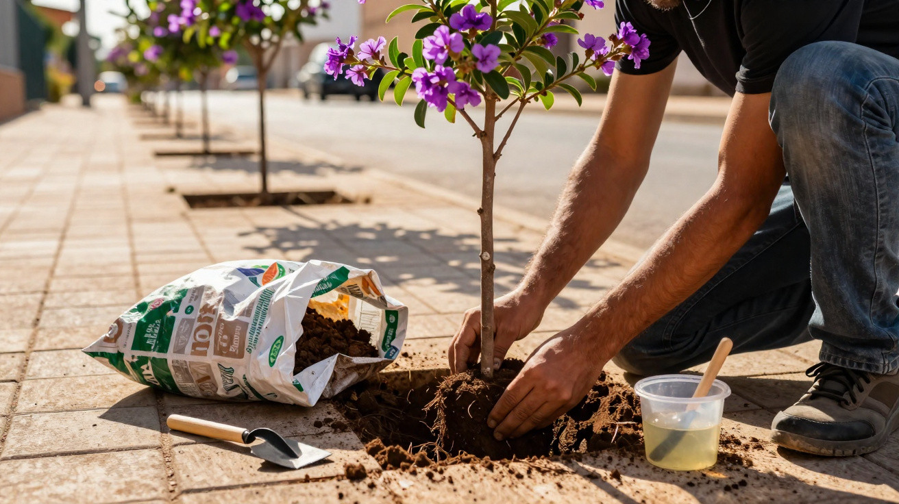 Person planting a small purple-flowered tree on a paved urban street with gardening tools and soil bag nearby.