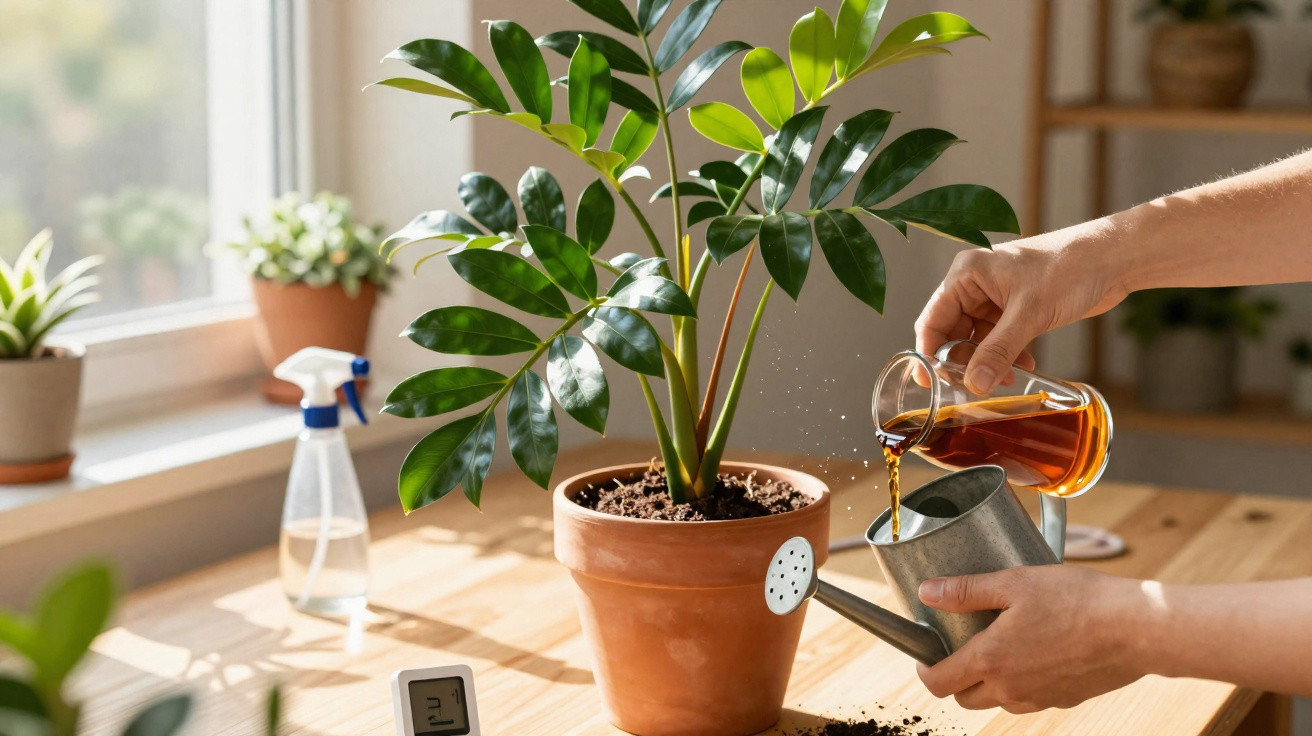 Person pouring liquid from a glass container into a watering can next to a potted green plant on a wooden table.