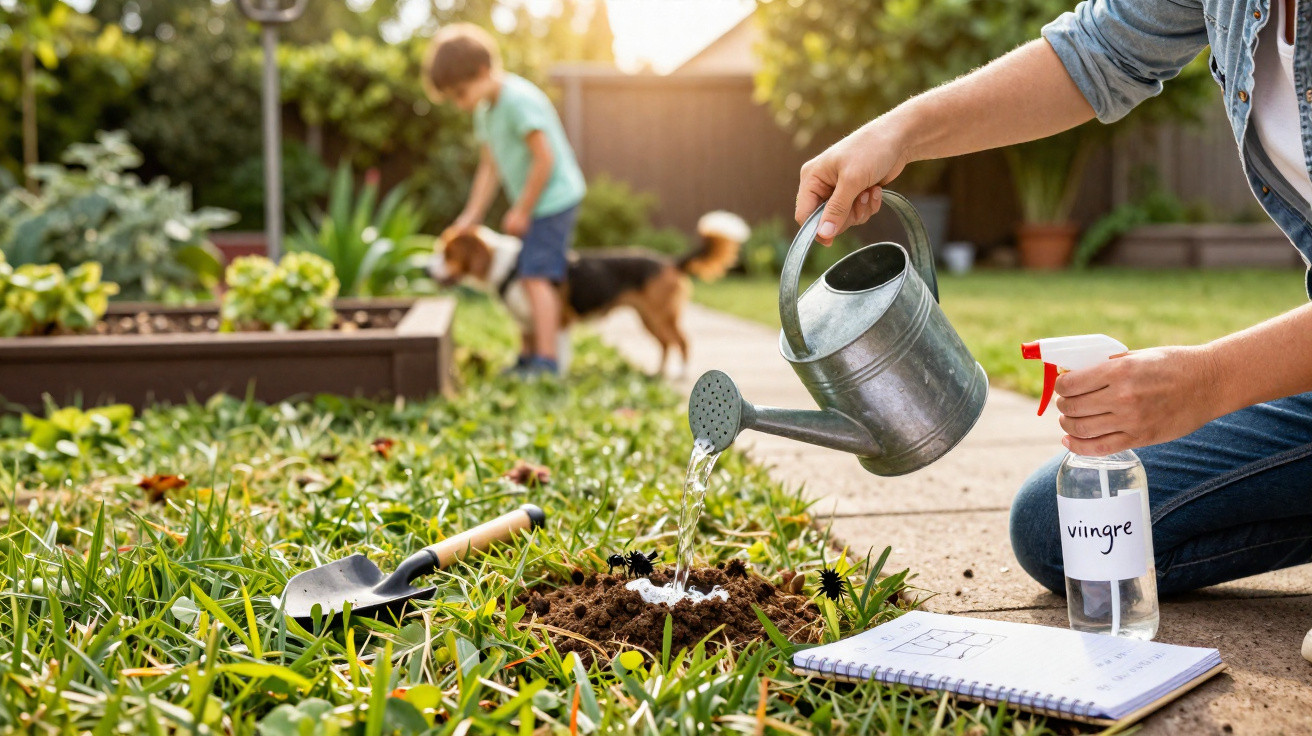 Person watering a newly planted sapling with a child and dog playing in the garden background.