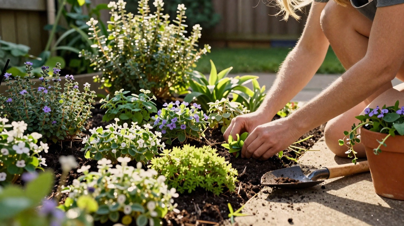 Person planting small green seedlings in a garden bed with flowering plants on a sunny day.