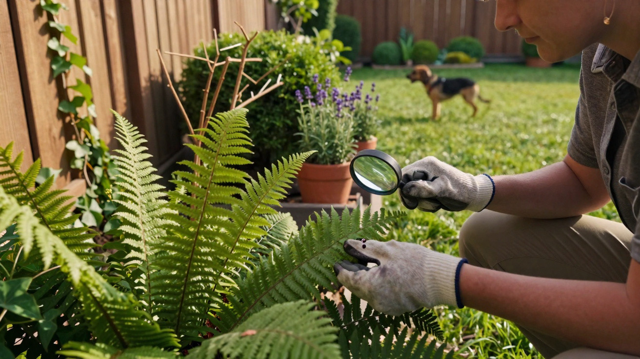 Person wearing gloves examining fern leaves with a magnifying glass in a sunny garden with a dog in the background.
