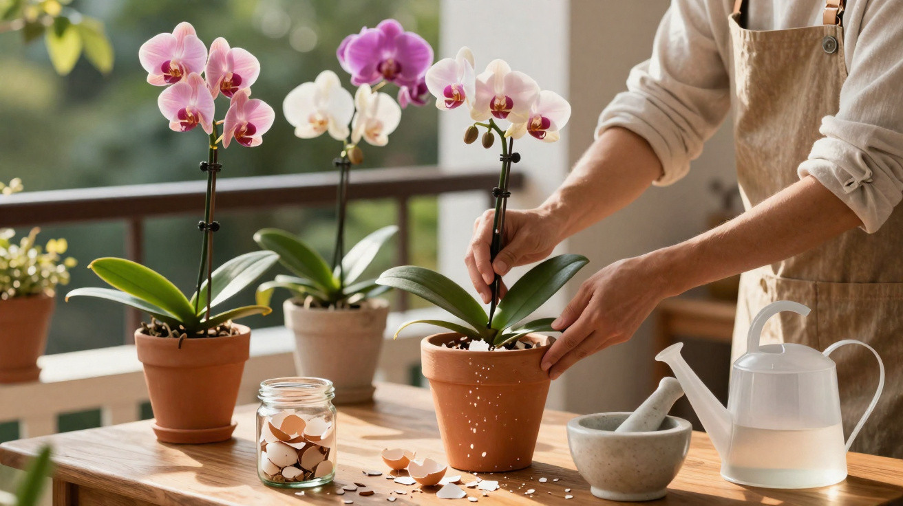 Person tending to potted orchids on a wooden table with gardening tools and eggshells on a balcony.
