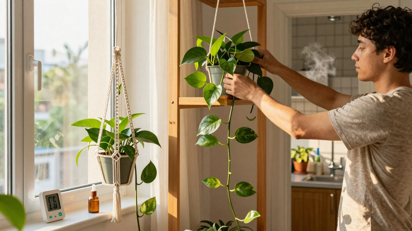 Young man adjusting a hanging potted plant on a wooden shelf by a sunny window in a bright room.