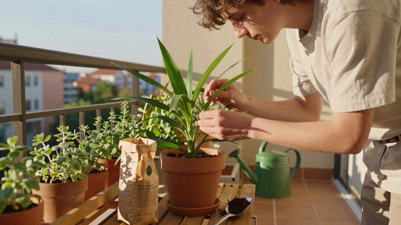 Young man tending to potted plants on a sunlit balcony with gardening tools and watering can nearby.