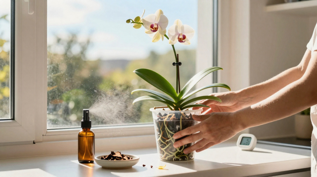 Hands misting a white orchid plant in a clear pot on a sunlit windowsill with a spray bottle and orchid bark.