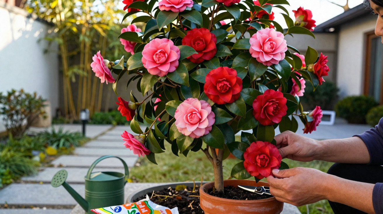 Hands tending a potted camellia plant with pink and red flowers in a garden, with a watering can nearby.