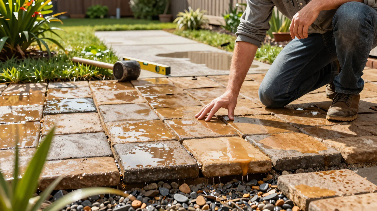 Person installing wet stone patio tiles over a bed of pebbles in a garden setting.