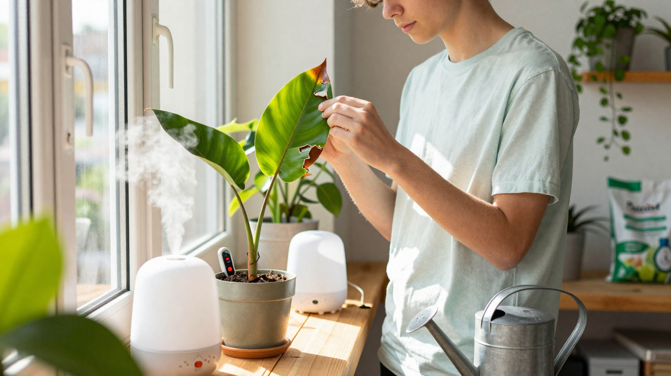 Person inspecting a damaged leaf on a potted plant beside a window with humidifiers and a watering can nearby.
