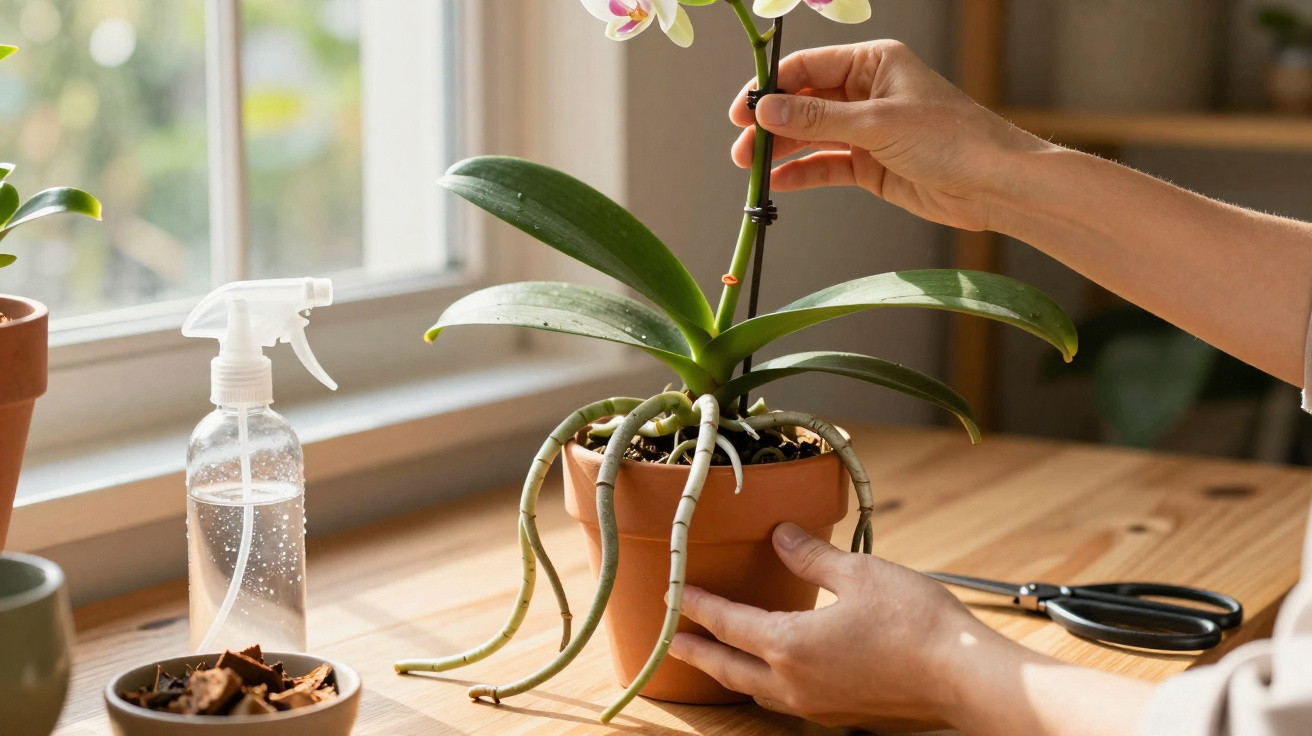 Hands adjusting a blooming orchid in a terracotta pot on a wooden table near a window with a spray bottle and scissors.