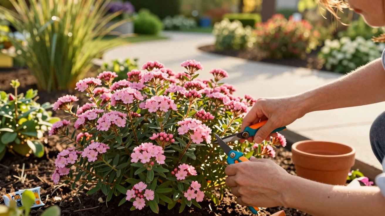 Person pruning pink flowering plant in sunny garden with terracotta pot and greenery in background.