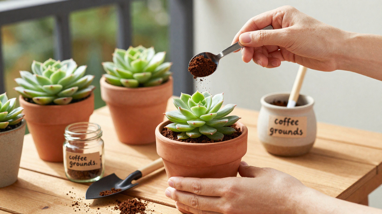 Hands sprinkling coffee grounds from a spoon onto a succulent in a terracotta pot on a wooden table.