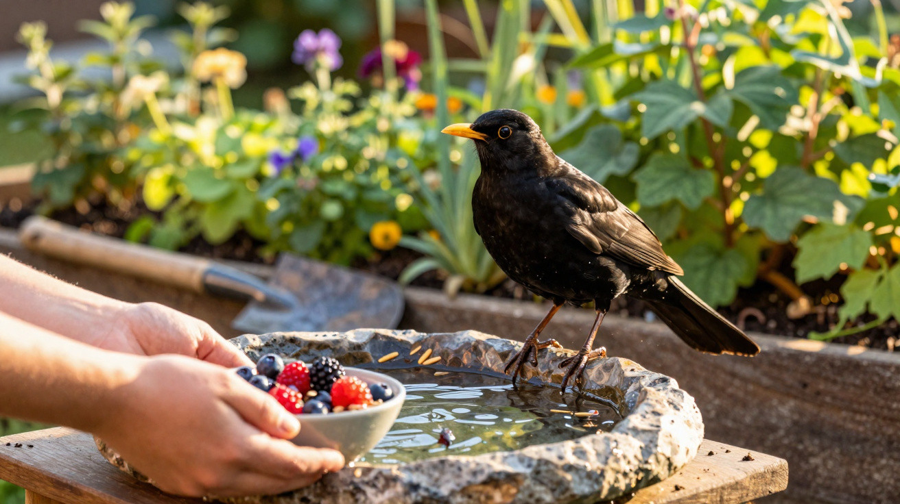 Blackbird perched on a stone birdbath in a garden with hands holding a bowl of berries nearby.
