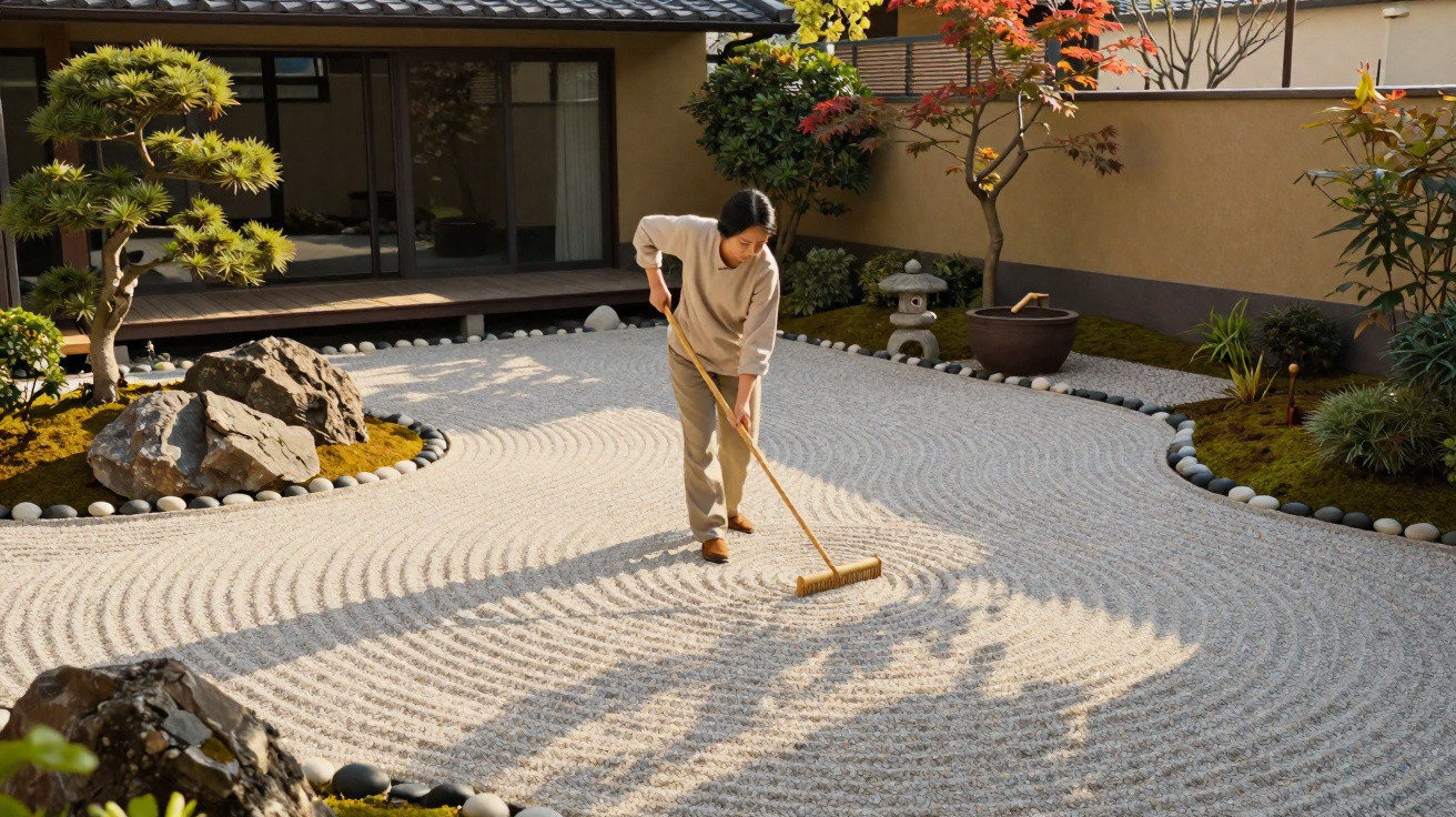 Person raking sand in a traditional Japanese rock garden with trees, rocks, and a building in the background