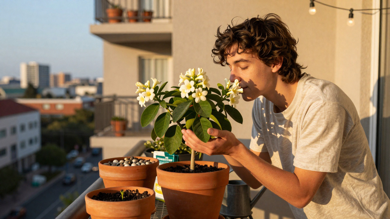 Young man smelling white flowering plant on balcony with city view at sunset