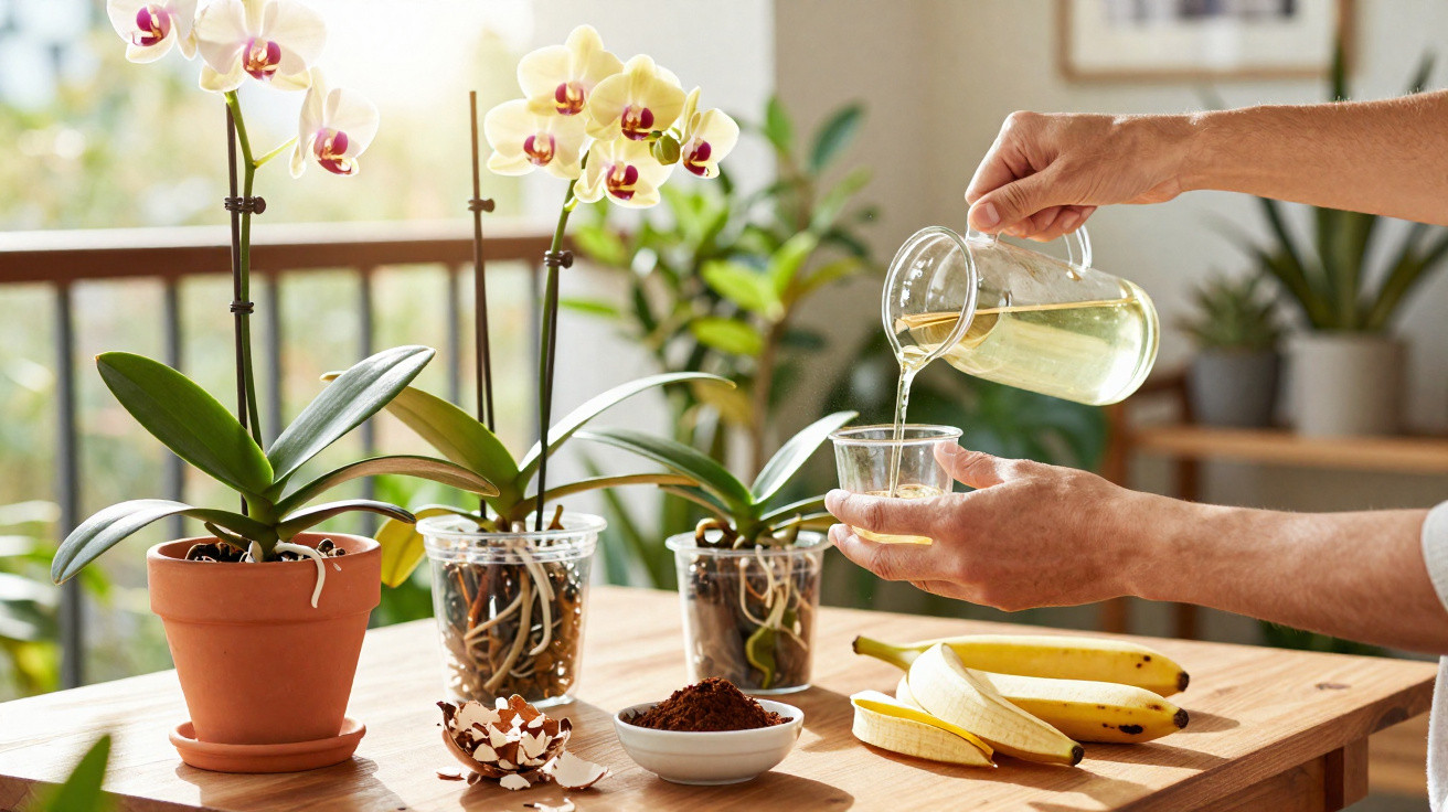 Hands pouring liquid fertilizer from a jug into a plastic cup beside orchids, bananas, egg shells, and coffee grounds on a ta