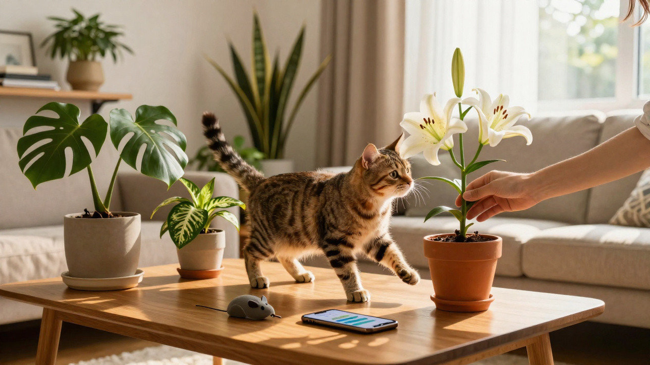 Tabby cat sniffing white lilies on a wooden coffee table with plants and a smartphone in a sunlit living room.