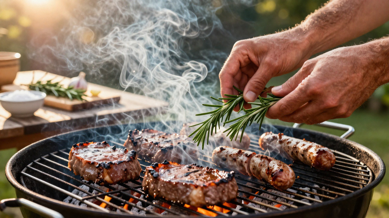 Hands adding fresh rosemary to grilling steaks and sausages on a smoky outdoor barbecue grill.