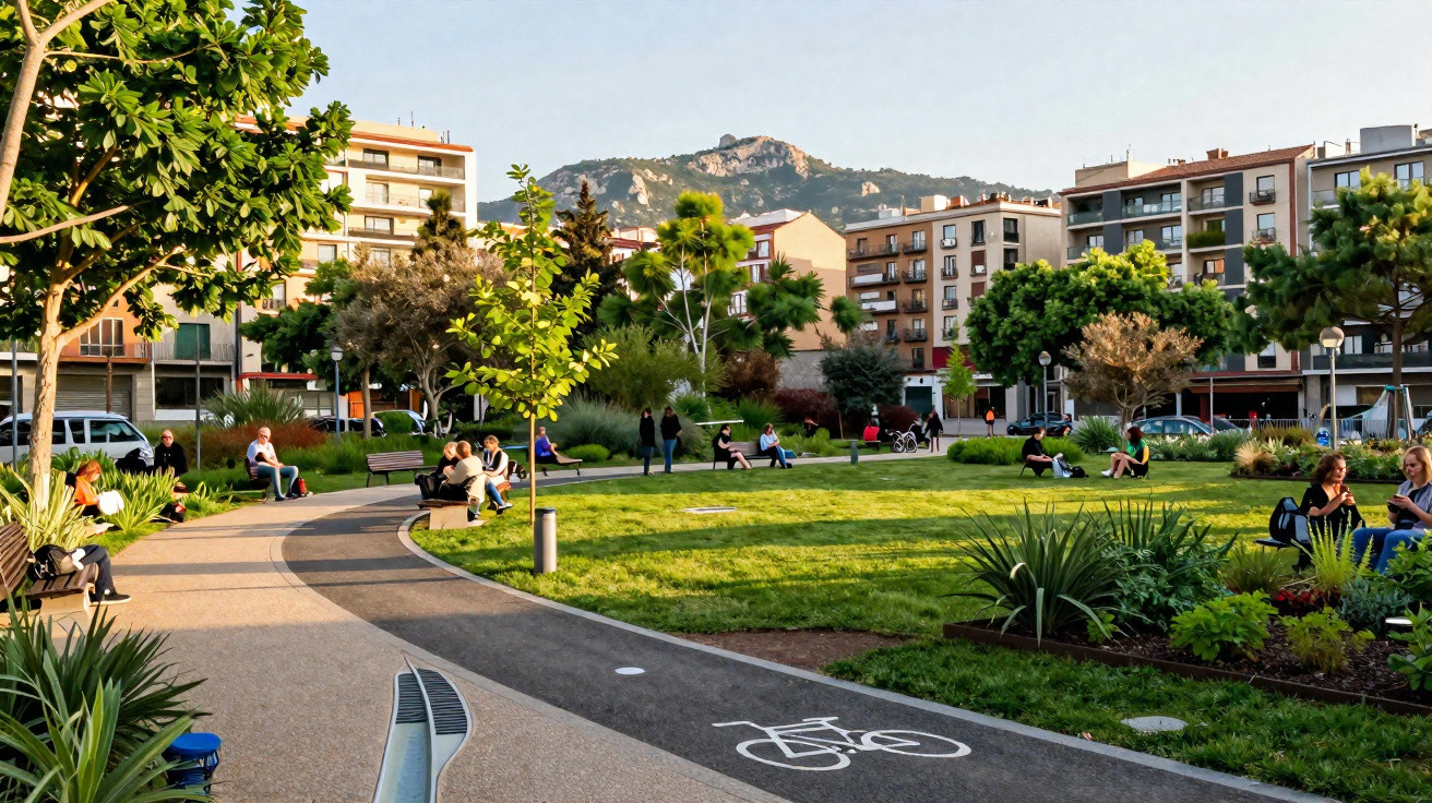 Urban park with people relaxing on benches and walking, surrounded by trees, buildings, and mountains in the background.