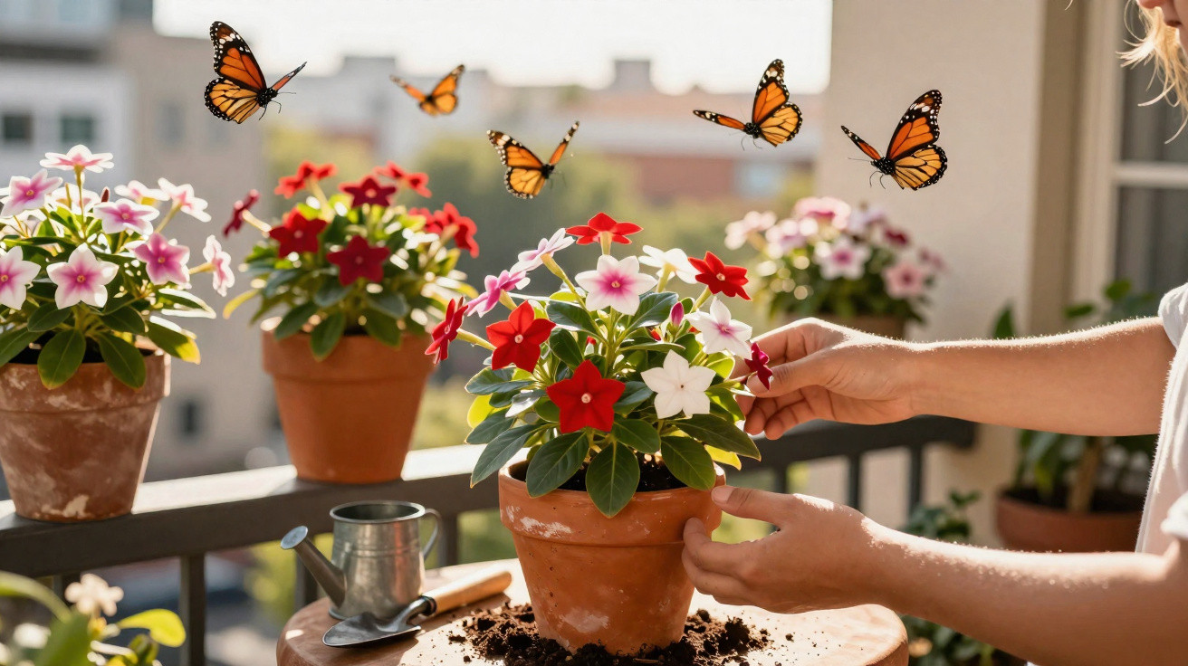 Hands tending to colourful potted flowers on a balcony with monarch butterflies fluttering nearby.