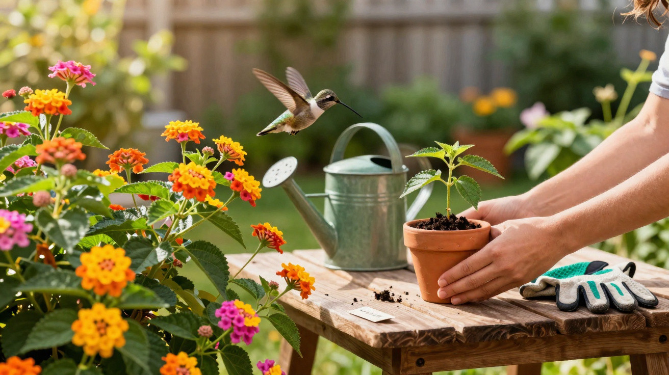 Hummingbird flying near colourful flowers and a person planting a seedling on a wooden table outdoors.