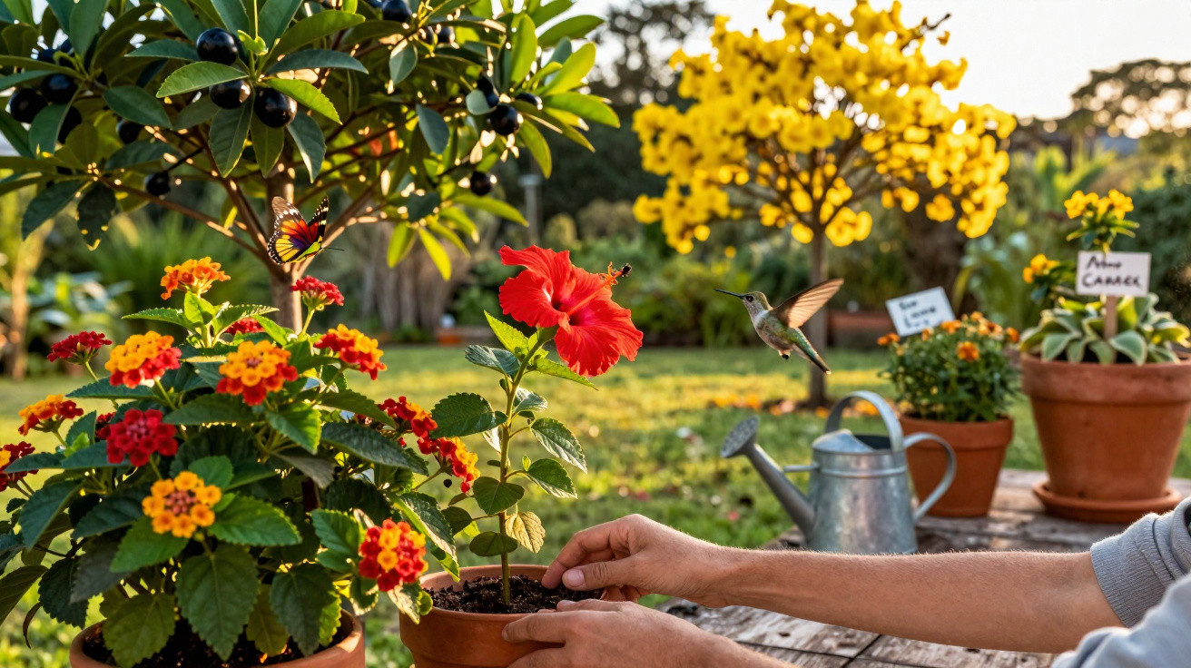 Hands tending a red hibiscus plant in a sunlit garden with a hummingbird and butterfly near vibrant flowers.