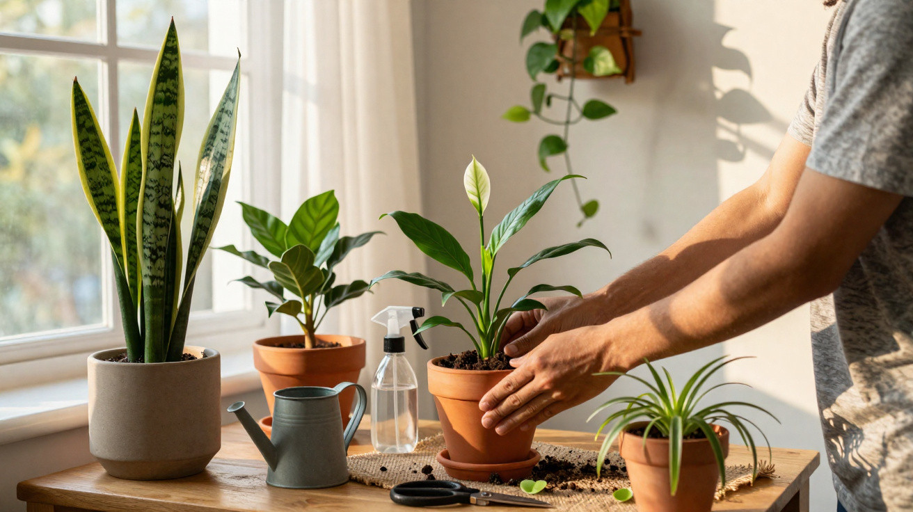 Person repotting a green houseplant on a sunlit wooden table with other potted plants and gardening tools.
