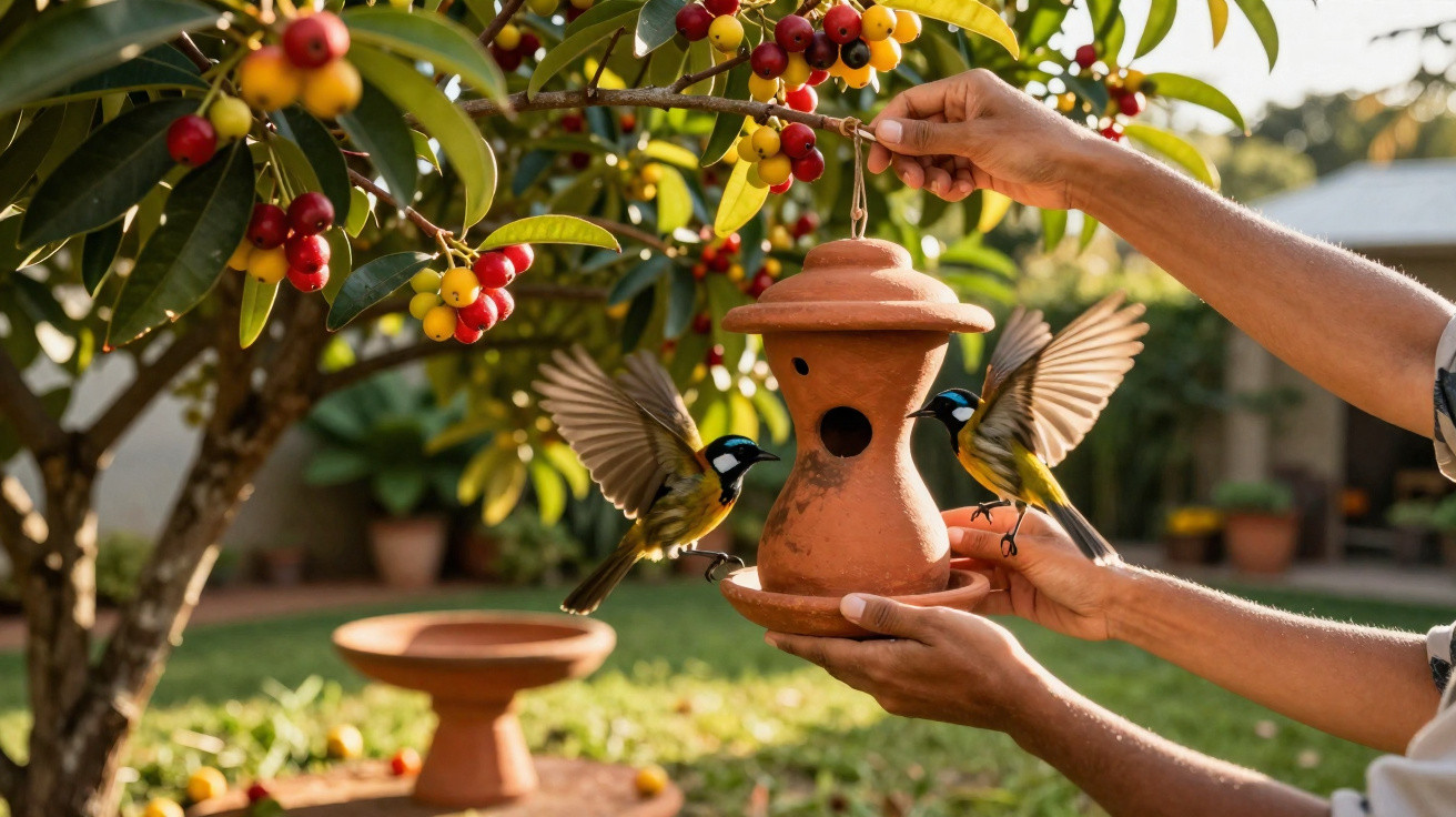 Two small birds with black and white heads feeding from a terracotta bird feeder held by a person.