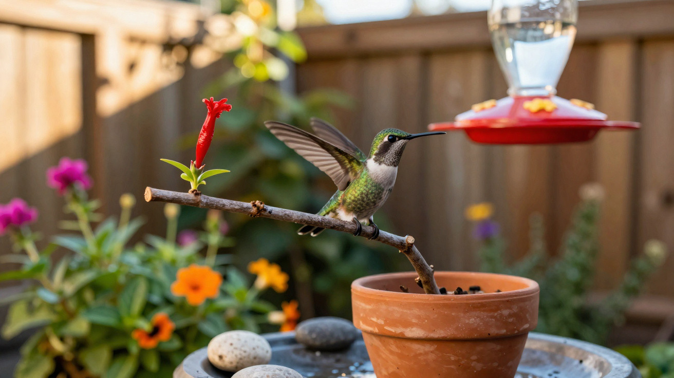 Hummingbird perched on a stick above a terracotta pot near a red bird feeder in a garden setting.