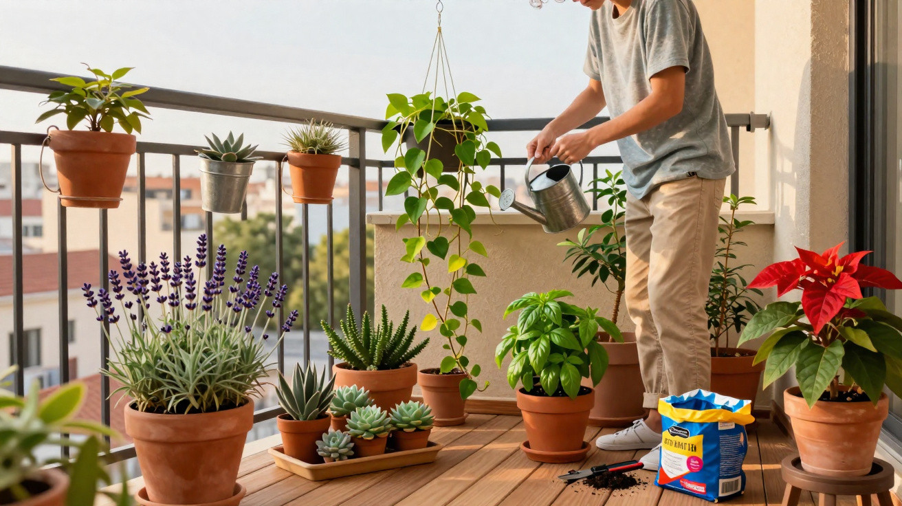 Person watering various potted plants including succulents, herbs, and flowers on a balcony garden.
