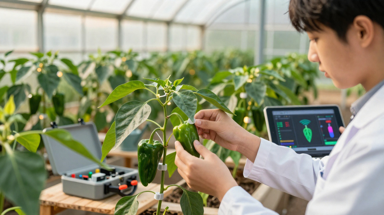 Scientist examining green bell peppers in a greenhouse with a tablet and equipment nearby.