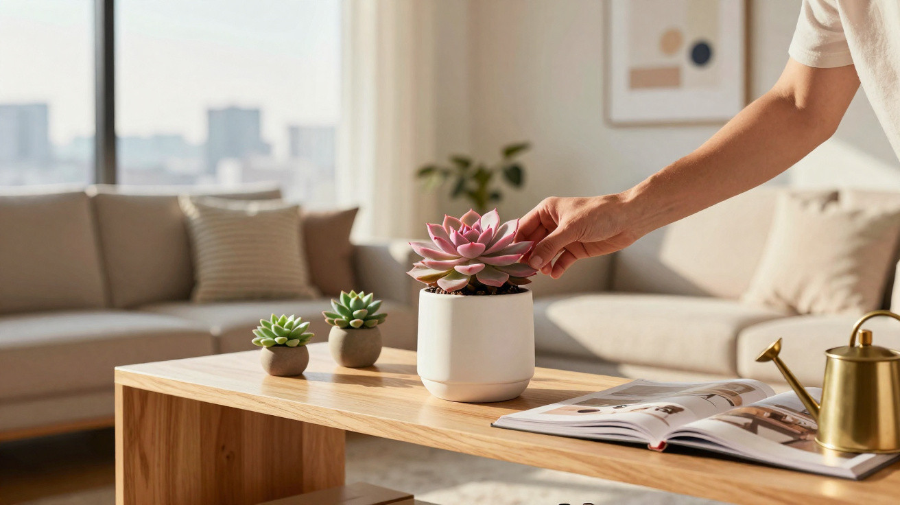 Hand adjusting a pink succulent plant on a wooden coffee table with two small succulents, an open book, and watering can near