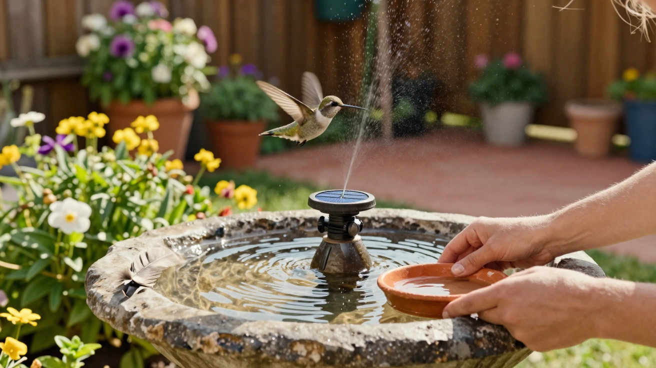 A hummingbird hovers near a garden fountain as a person holds a small terracotta dish of water.
