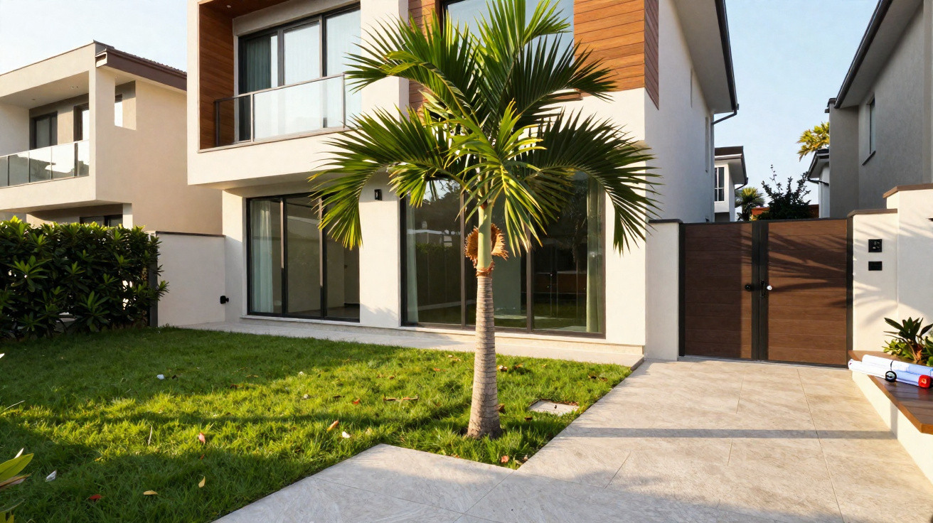 Modern two-storey house with glass doors, a small palm tree, and a paved driveway in the front garden.